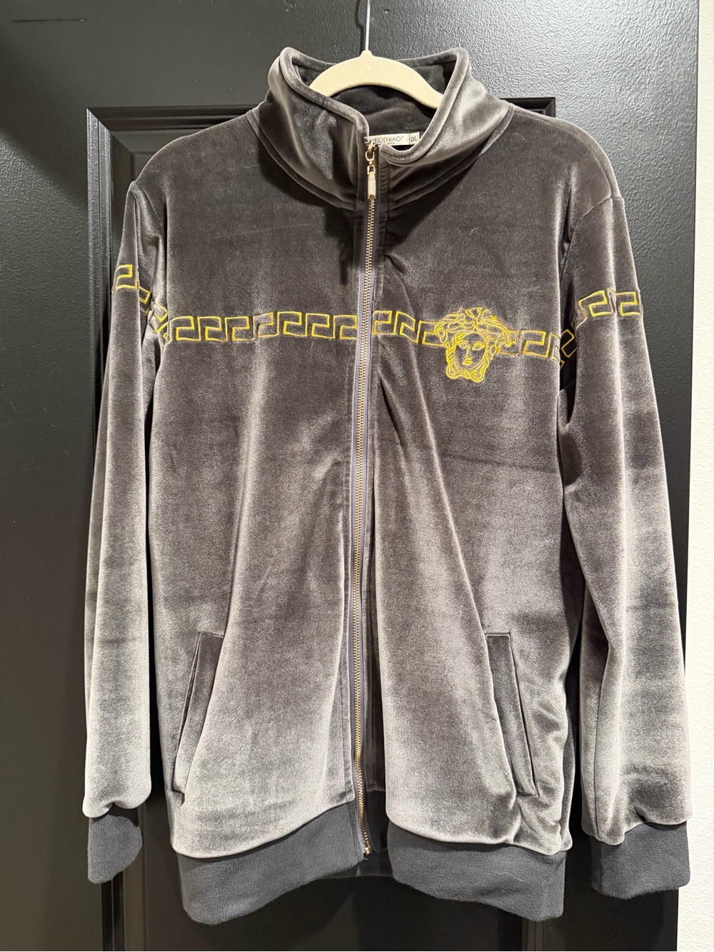 Gray Velour Zip-Up Jacket with Gold Trim
